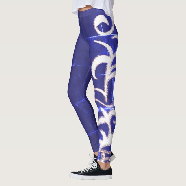Minimalism Abstrakt Art Blue White Hand Teckning Leggings (Vänster)
