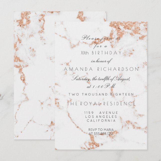 Minimalism Grått White Marble Ro Copper Birthday Inbjudningar (Fram/baksida)