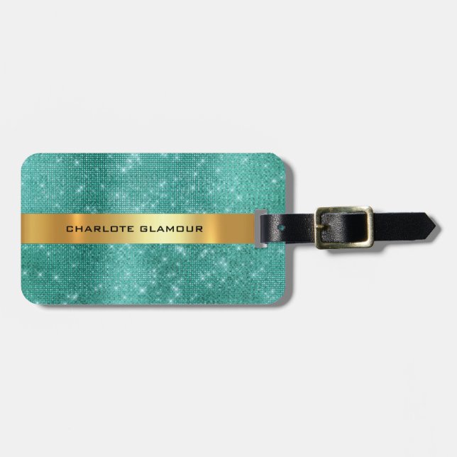 Minimalism i Tropiken Diamond Guld Sequin Teal Bagagebricka (Horisontell Framsida)