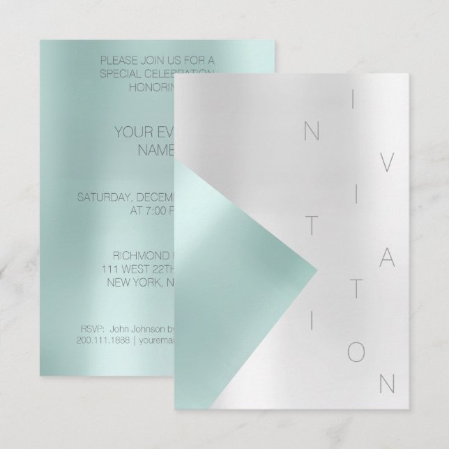 Minimalism Mode Event Metallic Aqua Tiffany Inbjudningar (Fram/baksida)