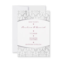Minimalism Save Date Silver Red Damask