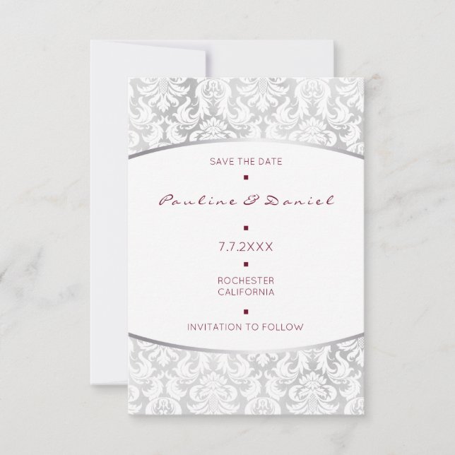 Minimalism Save Date Silver Red Damask Spara Datumet (Framsida)