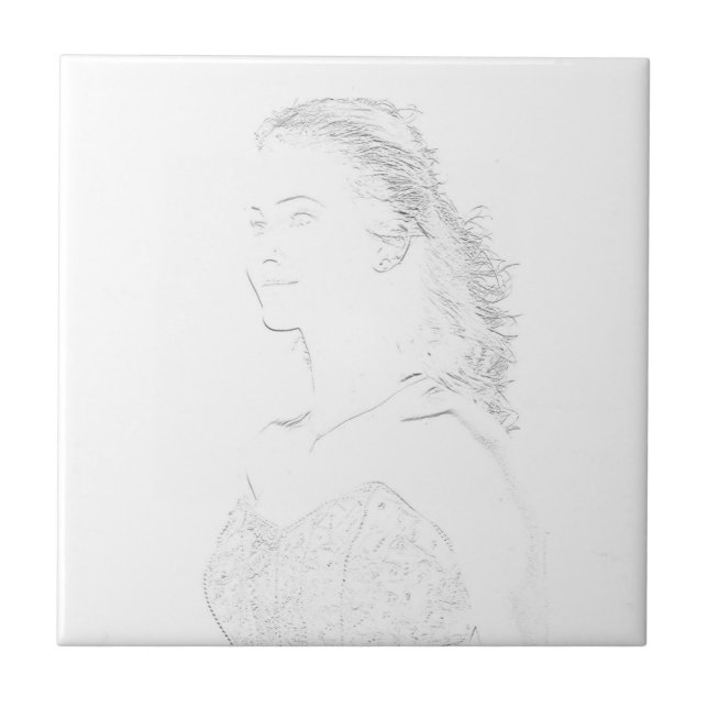Minimalism Sketch Teckning Young Dam Ansikte Head Kakelplatta (Framsidan)