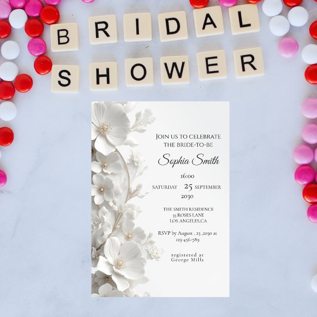 Minimalist 3D White Floral Elegant  Bridal Shower Inbjudningar (Skapare uppladdad)