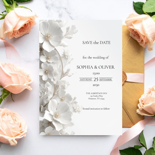 Minimalist 3D White Floral Luxury  Save the Date (Skapare uppladdad)