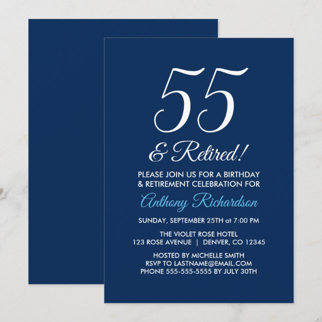 Minimalist 55 och Pensionerad Navy Blå Pensionerin Inbjudningar (Fram/baksida)