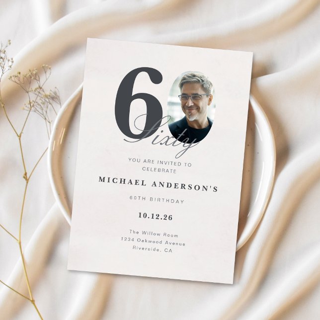 Minimalist 60th Year Birthday Invitation Inbjudningar (Modern 60th Birthday Card with Photo)