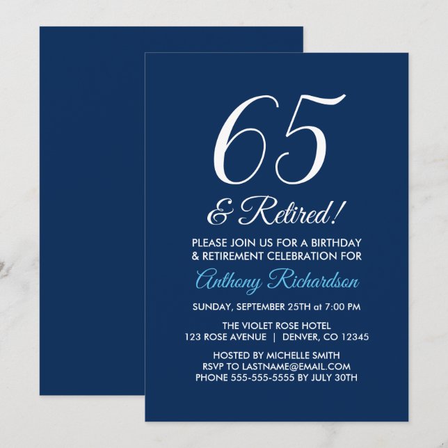 Minimalist 65 och Pensionerad Navy Blå Pensionerin Inbjudningar (Fram/baksida)