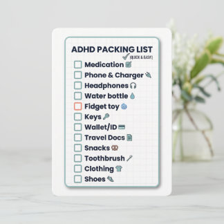Minimalist ADHD Packing List Travel Checklist Card Julkort