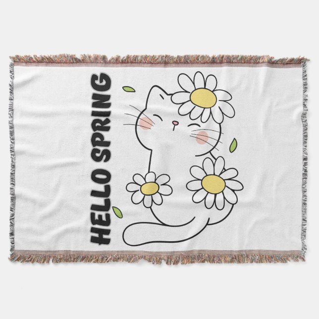Minimalist Aesthetic Hello Spring Cat & Daisy  Filt (Framsidan)