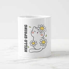 Minimalist Aesthetic Hello Spring Cat & Daisy  Jumbo Mugg