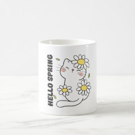 Minimalist Aesthetic Hello Spring Cat & Daisy  Kaffemugg