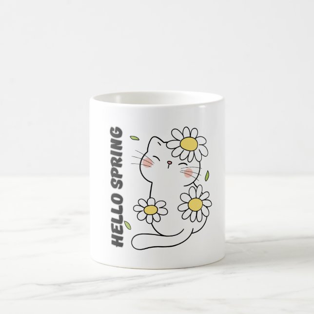 Minimalist Aesthetic Hello Spring Cat & Daisy  Kaffemugg (Center)