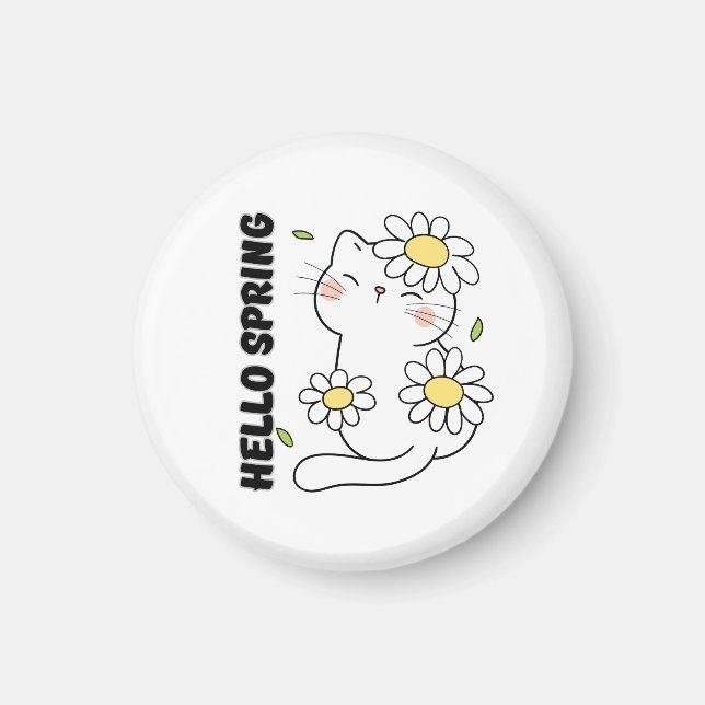 Minimalist Aesthetic Hello Spring Cat & Daisy  Magnet (Framsidan)