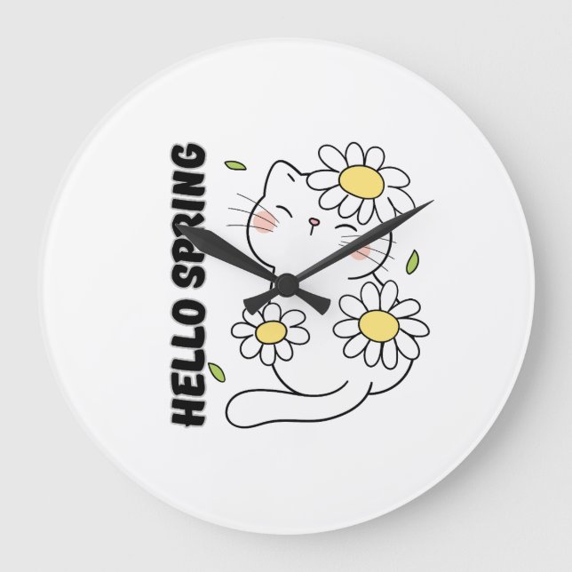 Minimalist Aesthetic Hello Spring Cat & Daisy  Stor Klocka (Framsida)