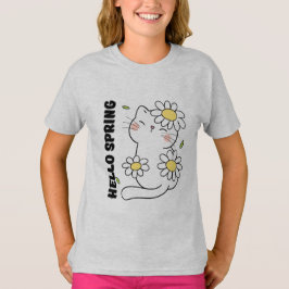 Minimalist Aesthetic Hello Spring Cat & Daisy  T Shirt