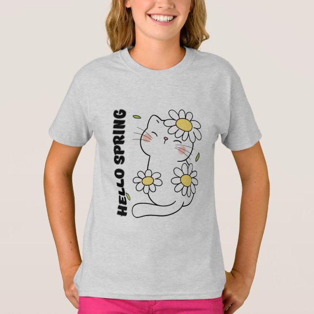 Minimalist Aesthetic Hello Spring Cat & Daisy  T Shirt (Framsida)