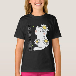Minimalist Aesthetic Hello Spring Cat & Daisy  T Shirt