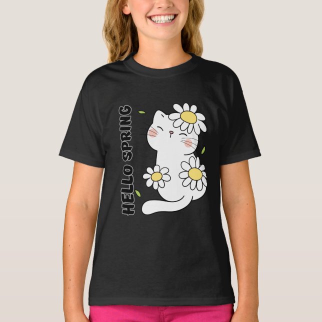 Minimalist Aesthetic Hello Spring Cat & Daisy  T Shirt (Framsida)