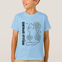 Minimalist Aesthetic Hello Spring Cat & Daisy  T Shirt
