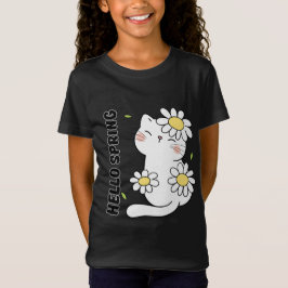 Minimalist Aesthetic Hello Spring Cat & Daisy  T Shirt