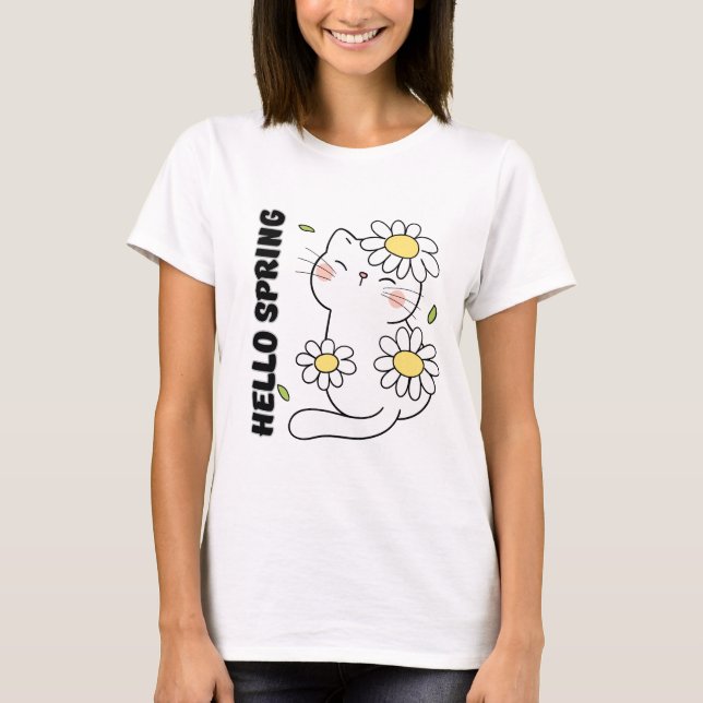 Minimalist Aesthetic Hello Spring Cat & Daisy  T Shirt (Framsida)