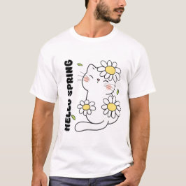 Minimalist Aesthetic Hello Spring Cat & Daisy  T Shirt