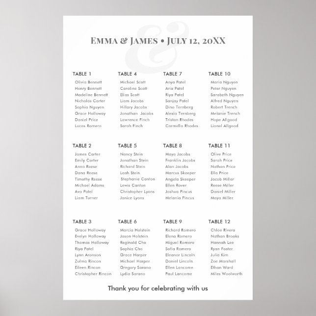 Minimalist Ampersand Wedding | Seating Chart 12 Poster (Framsidan)