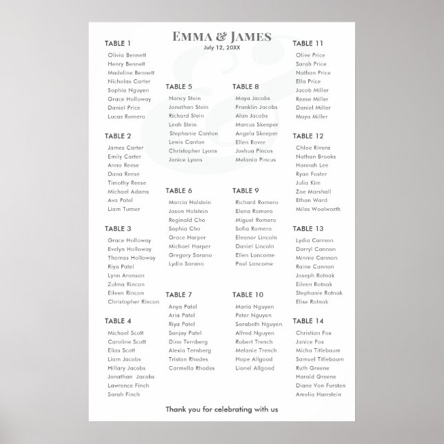 Minimalist Ampersand Wedding | Seating Chart 14 Poster (Framsidan)