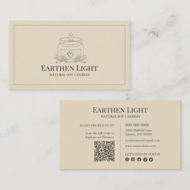 Minimalist and Modern Candle Botanical QR Code Visitkort (Fram/baksida)