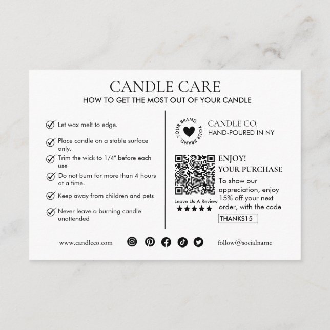 Minimalist and Modern Candle Care Card Template Tilläggskort (Baksida)