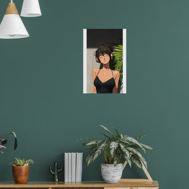 Minimalist Anime Girl Relaxing with Headphones Poster (Vardagsrum 1)