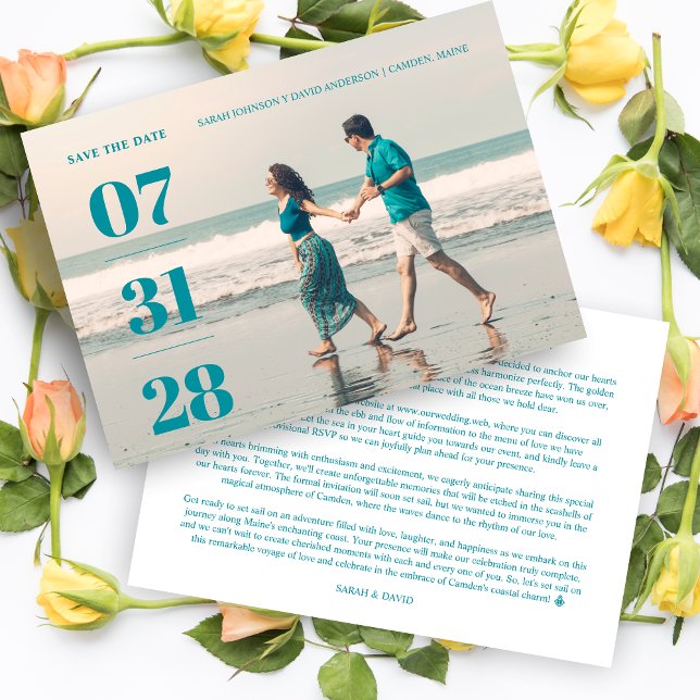 Minimalist Aquamarine Stylish & Fun Wedding Photo  Spara Datumet (Minimalist Aquamarine Stylish & Fun Wedding Photo Card Save the Date with Envelope.)