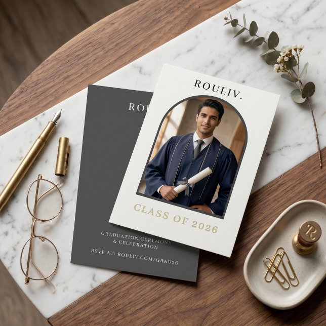 Minimalist Arch Photo Graduation Invite | ROULIV Inbjudningar (Minimalist Architectural Arch Graduation Invitation | Photo Class of 2026 | ROULIV Stone Grey & Gold)