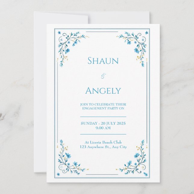 Minimalist Azure Blue Floral Gold Vine Wedding Inbjudningar (Framsida)