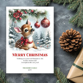 Minimalist Baby Deer Christmas Scene Watercolor Julkort
