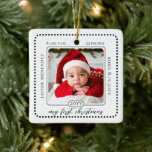 Minimalist Babys Första julfödelsetalet Foto Julgransprydnad Keramik<br><div class="desc">Enkel och minimalistisk tvåsidig,  rundad kant-kvadratisk fotomodeller (samma foto på båda sidor) "min första doktor"-design med namn och födelsestatistik. All text och inslag i svart (färg kan ändras). Sammansatt design efter Helgdag Hearts-design.</div>