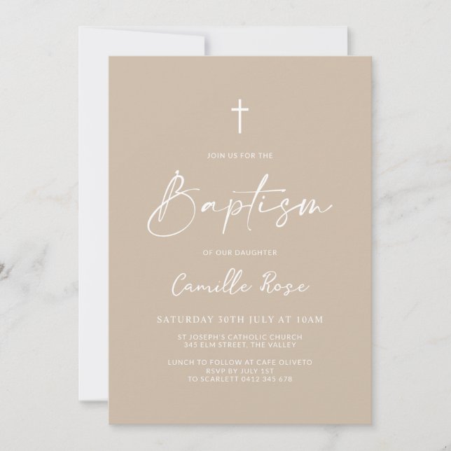 Minimalist Baptism Beige Neutral  Inbjudningar (Framsida)