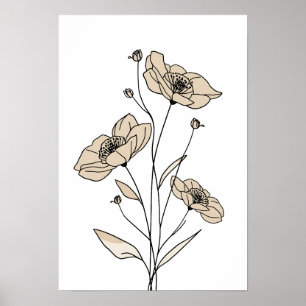 Minimalist Beige Blommig Linje Konst Modern Bota Poster