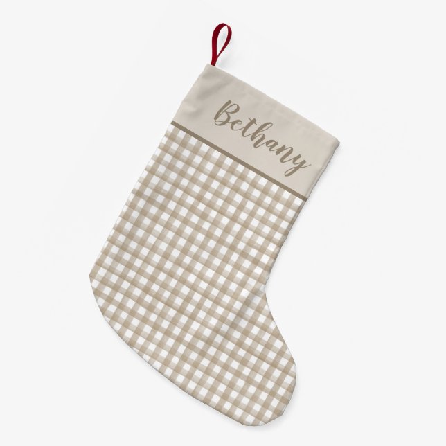 Minimalist Beige Buffalo Plaid Liten Julstrumpa (Framsidan (Hängande))