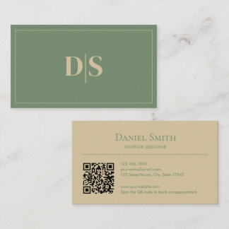 Minimalist Beige Dämpad Grön Initialer QR-kod Visitkort