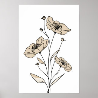 Minimalist Beige Floral Line Art | Modern Botanica Poster