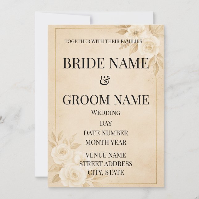 Minimalist Beige & Gold Floral Wedding Invitation Inbjudningar (Framsida)