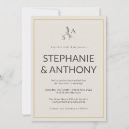 Minimalist Beige Monogram Wildblomma Bröllop Inbjudningar