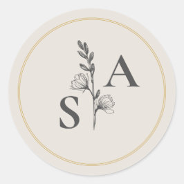 Minimalist Beige Monogram Wildblomma Bröllop Runt Klistermärke