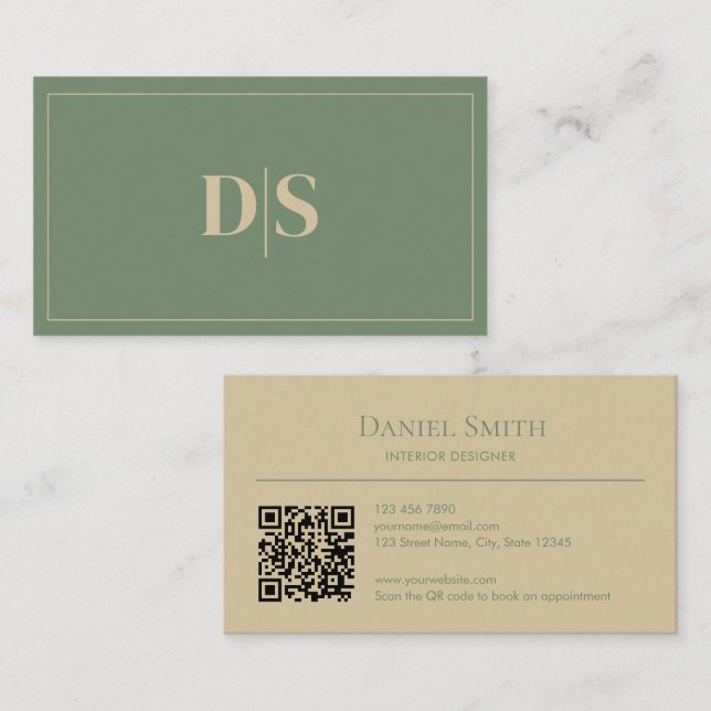 Minimalist Beige Muted Green Initials QR Code Visitkort (Fram/baksida)
