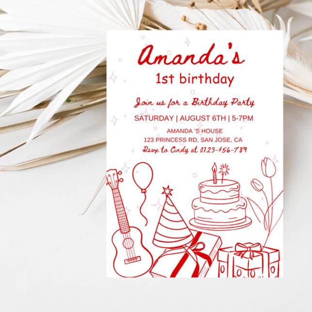 Minimalist Birthday Line Art Girl’s 1st Birthday  Inbjudningar (Skapare uppladdad)