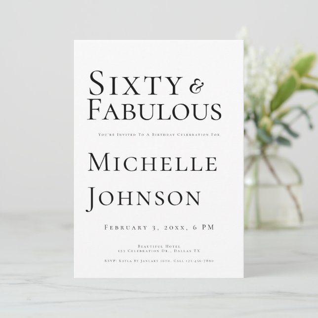 Minimalist Black 60 & Fabulous 60th Birthday Party Inbjudningar (Stående Fram)