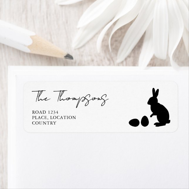 Minimalist Black And White Bunny Silhouette Easter Returadress Etikett (Insitu)