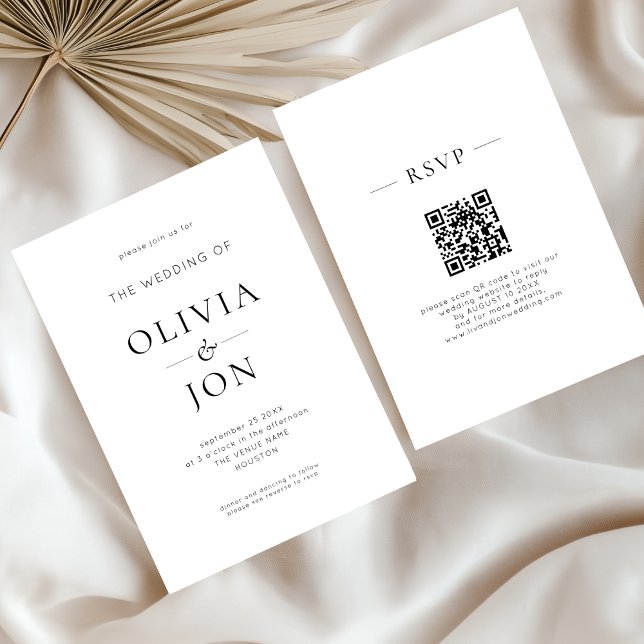 Minimalist Black and White QR Code Wedding Inbjudningar (Front and back)